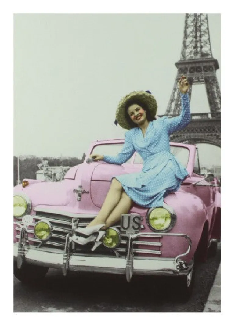 Cartão-postal "Torre Eiffel e carro rosa"