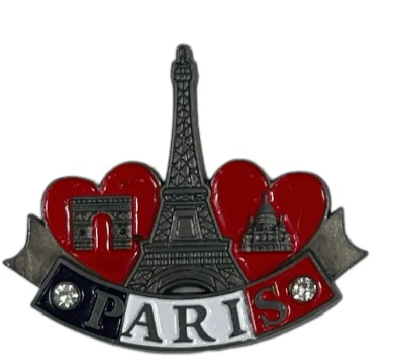 Ímã Torre Eiffel duplo coração Paris Strass 3 monumentos