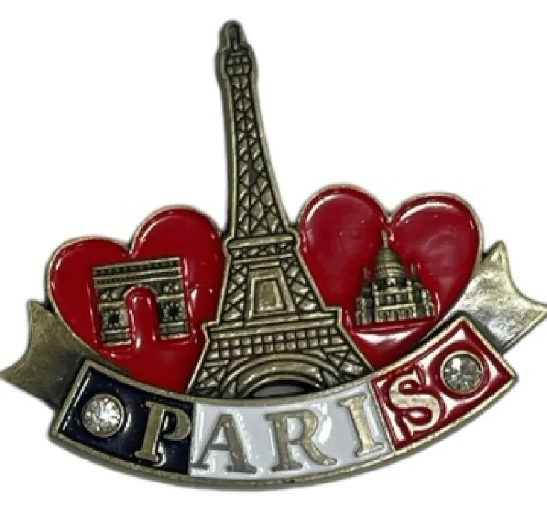 Ímã Torre Eiffel duplo coração Paris Strass 3 monumentos