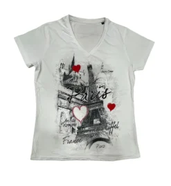 T-shirt Torre Eiffel Paris Coração com decote