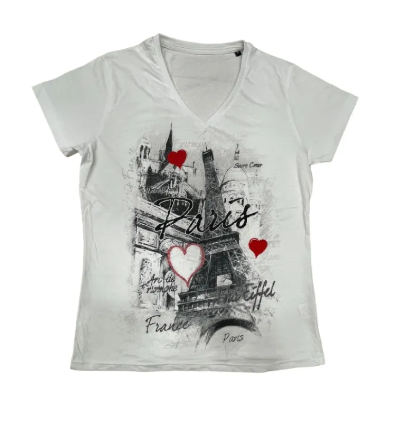 T-shirt Torre Eiffel Paris Coração com decote